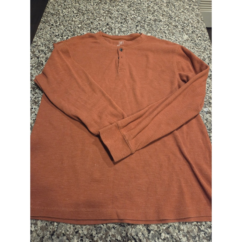 George Henley Shirt Mens L Orange Waffle Knit Long Sleeve Casual Thermal